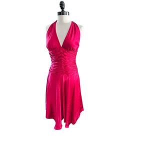 Cache Women's Red 100% Silk Satin Halter Neckline Tie Back Midi Dress Size 6